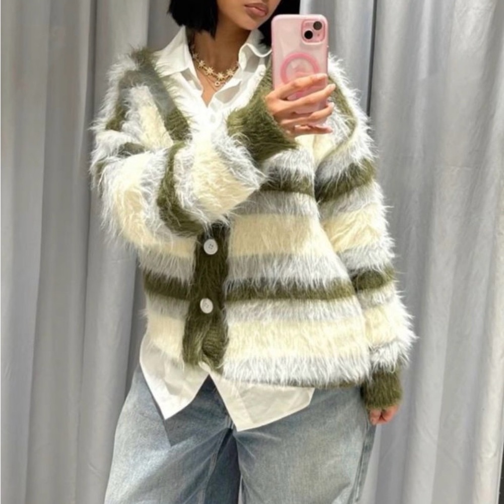 Aelfric Eden Fuzzy Striped Cardigan - Cream and Green
